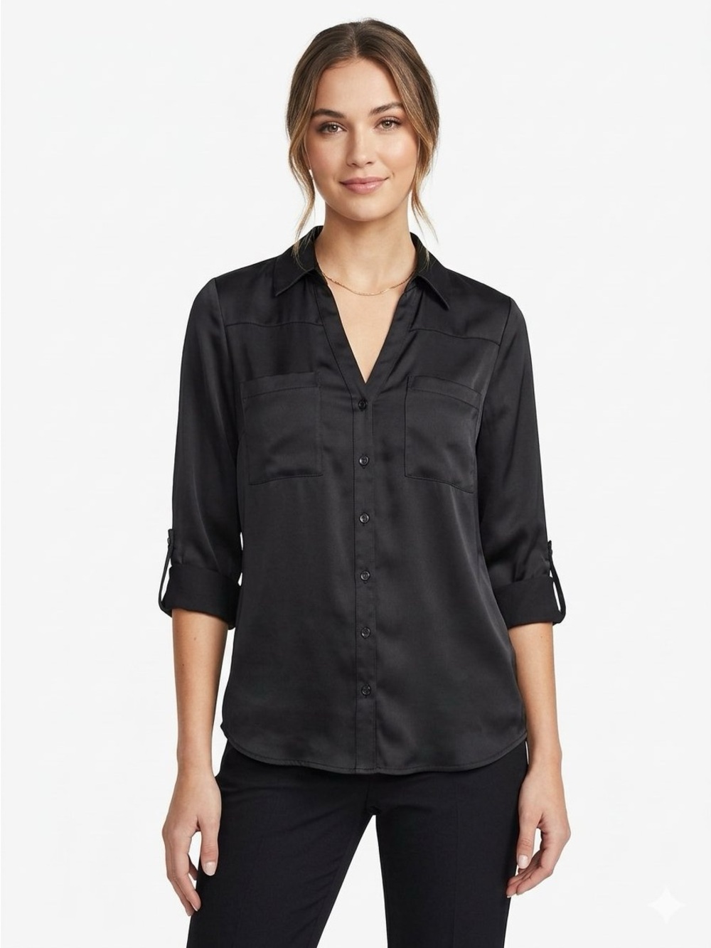 Express Black Satin Button-Down Shirt